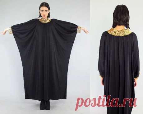 (2) Vtg 70s Black Grecian Goddess Gold Sequin Minimal Caftan Batik Maxi Dress OS