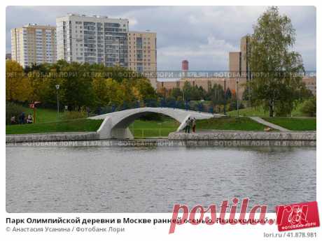 Парк Олимпийской деревни в Москве ранней осенью. Пешеходный мост через протоку между прудами. (2016 год) Редакционное фото, фотограф Анастасия Усанина / Фотобанк Лори