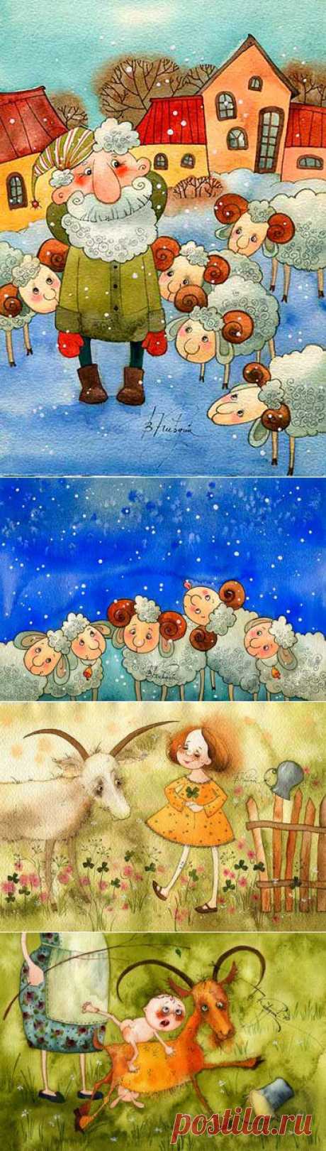 Рисунки коз и овечек художницы В. Кирдий. Позитивные рисунки, для создания праздничного новогоднего настроения в 2015 году. | Интересное