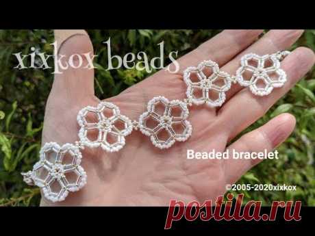 【DIY】xixkox beads 🤍シードビーズと竹ビーズで編むブレスレット 梅の花 ビーズステッチ Beaded bracelet #Buglebeads #seedbeads