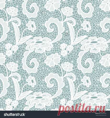 White lace seamless pattern with flowers on blue background