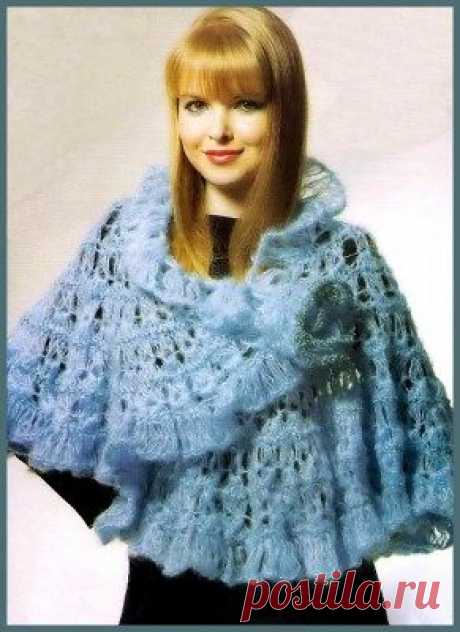 Красивое вязание | Голубая шаль. Ажурное вязание спицами.