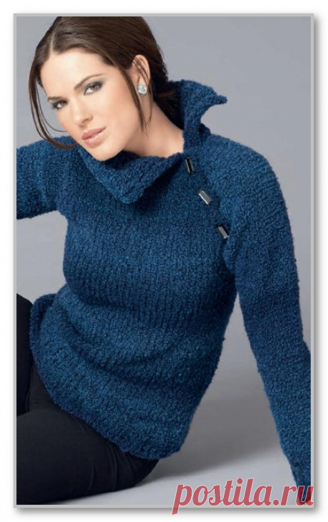 Вязание спицами. Описание женской модели со схемой и выкройкой. Пуловер-реглан с ассиметричным воротником. Размеры: 34/36 (38/40 и 42/44)