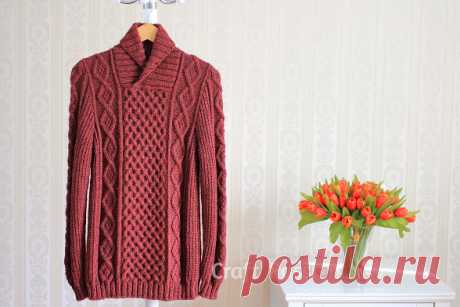 Пуловер с шалевым воротником и косичками - Бесплатный узор для вязания | Ремесло Страсть