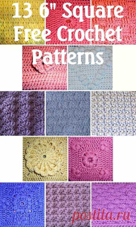 (3) Thirteen free 6&quot; square patterns, from Halfknits. . . ღTrish W ~ https://www.pinterest.com/trishw/ #crochet #motif