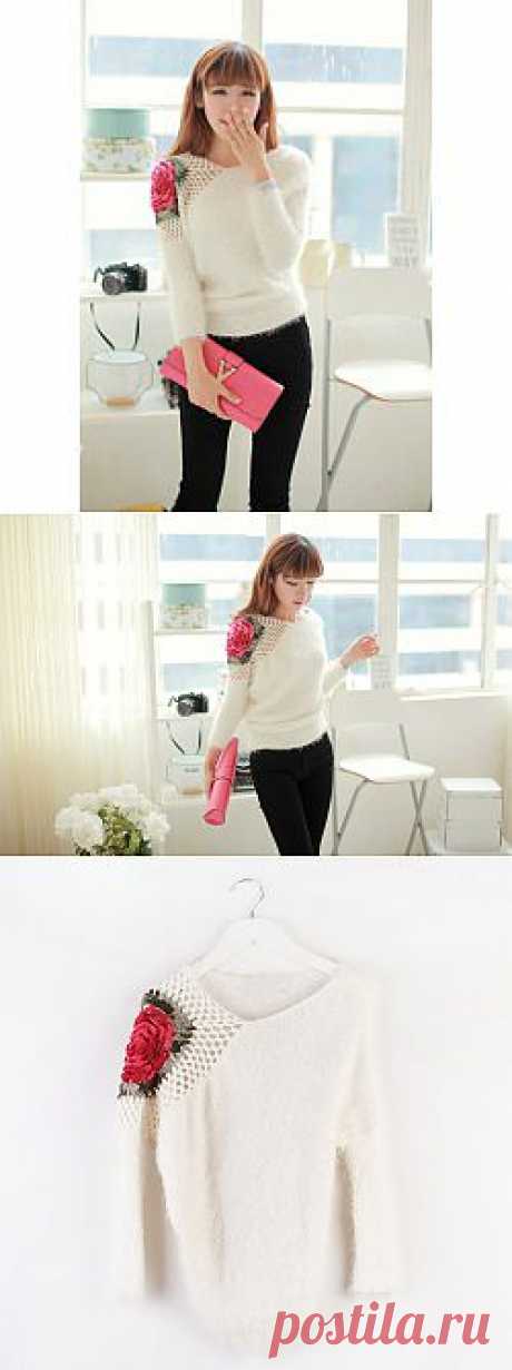 Retro Style Scoop Neck Rose Crochet Flower Long Sleeve Sweater For Women (WHITE,ONE SIZE) | Sammydress.com