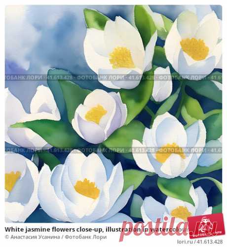 White jasmine flowers close-up, illustration in watercolour style Редакционная иллюстрация, иллюстратор Анастасия Усанина / Фотобанк Лори
