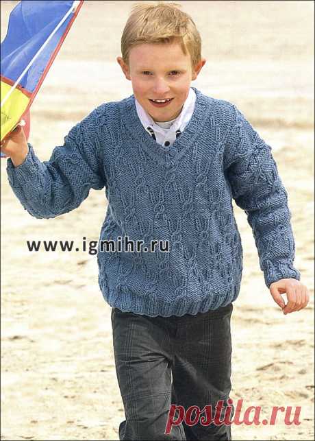 Серый узорчатый пуловер из мериносовой шерсти, для мальчика 5-11 лет. Спицы