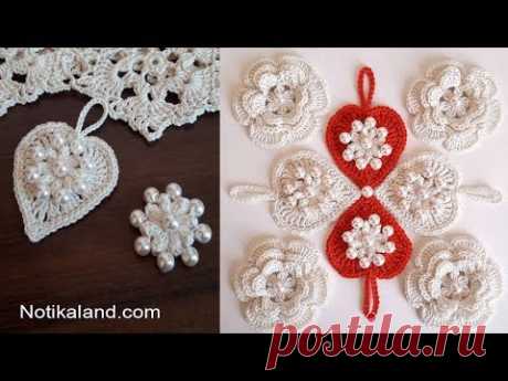 Crochet flower with pearls How to crochet HEART Tutorial