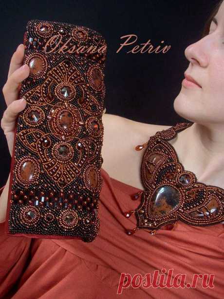 (23) Gemstone clutch Bead Embroidered Handbag Evening Handbag Small Handbag Female accessory Mahogany clutch - Art Nouveau