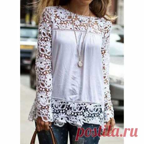 Stylish Round Neck Long Sleeve Spliced Hollow Out Women's Blouse, WHITE, XL in Tees &amp; T-Shirts | DressLily.com