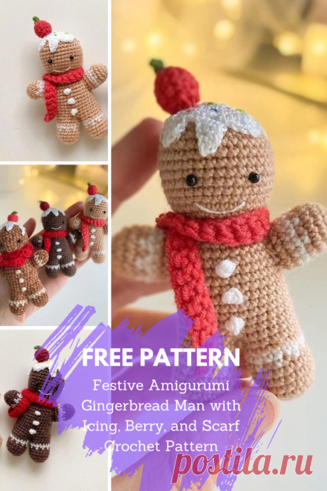 Festive Amigurumi Gingerbread Man with Icing, Berry, and Scarf Crochet Pattern