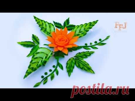 Carrot Flower Carved with Cucumber Leaf Designs as Garnish DIY