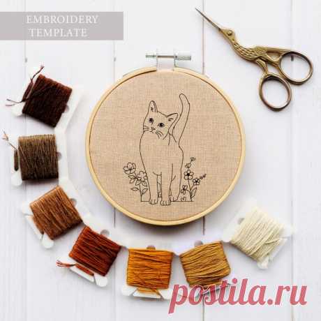 Cat Floral Hand Embroidery Pattern Cat Silhouette Embroidery | Etsy Moldova