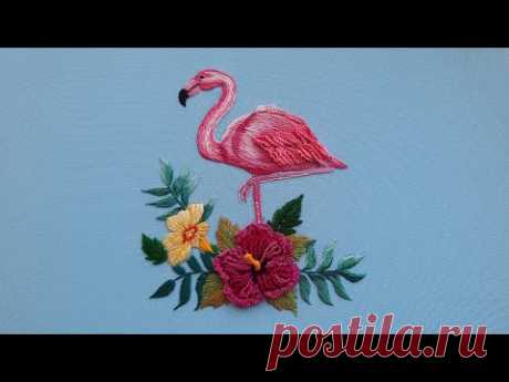 Tropical Embroidery Pink flamingo and tropical flowers