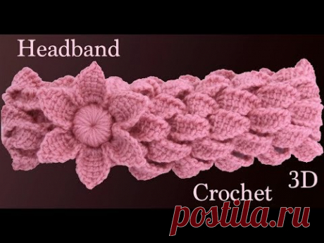 Diadema a crochet con trenzas de hojas y flor 3D en punto tunecino tejido tallermanualperu