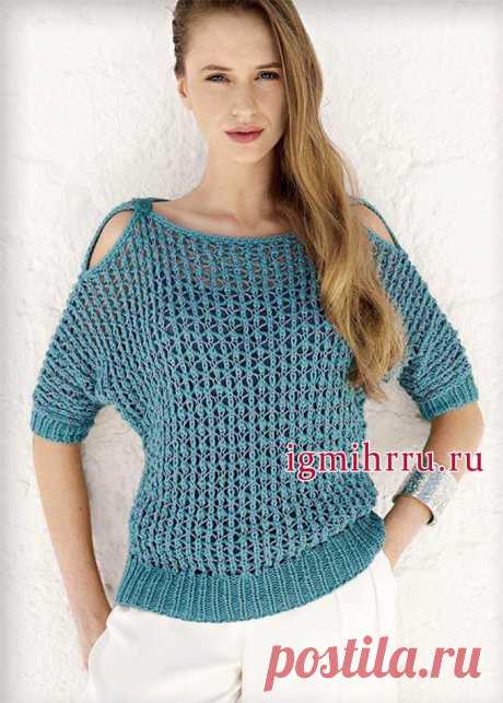 Стильный и сексуальный пуловер-сетка синего цвета, от Lana Grossa. Вязание спицами