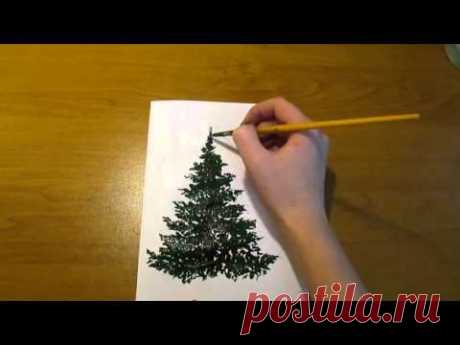 Как нарисовать елку гуашью.How to draw a tree gouache