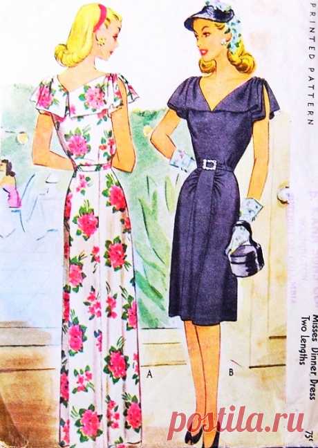 1940s STUNNING Film Noir Evening Gown Cocktail Party Dress Pattern McCALL 5715 Figure Flattering V Neckline Draped Sleeves War Time WW II Era Bust 38 Vintage Sewing Pattern FACTORY FOLDED