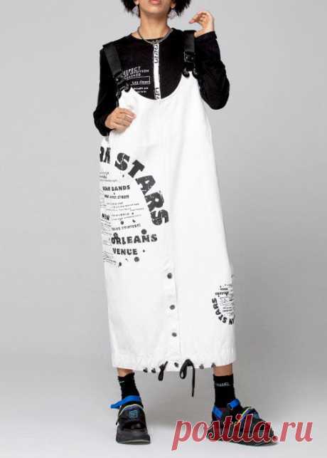 Women White Graphic denim drawstring Dresses Spring – SooLinen