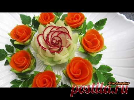 Attractive Garnish of Radish & Carrot Rose Flowers with Onion & Cilantro Designs