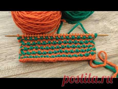 Двухцветный узор горизонтальными дорожками спицами 🐛Two-color knitting pattern