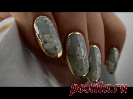 🖤Нежный винтаж | Цветы на ногтях / Дизайн ногтей золотой втиркой / Слайдер дизайн IBDI /