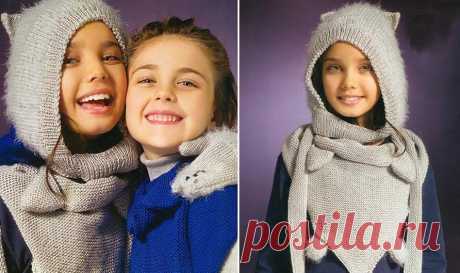 Шапка, шарф и варежки: вязаный детский комплект спицами
