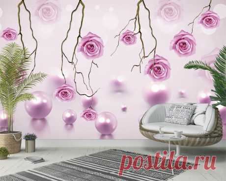 3D цветы розы и объемный жемчуг. 3Д фотообои со стереоскопическим эффектом, расширят пространство комнаты