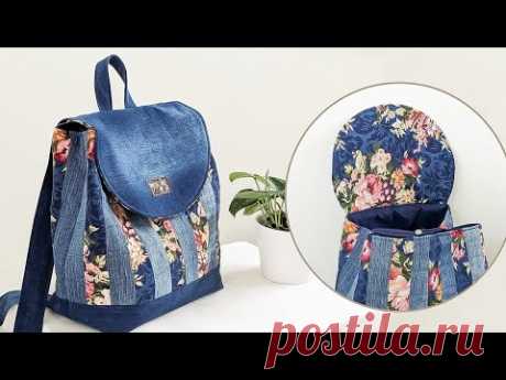DIY Sweet No Zipper  Flap Over Floral and Denim Patchwork Backpack Out of Old Jeans | Bag Tutorial