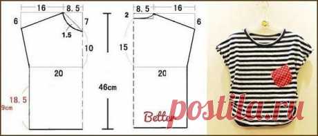 КАК СШИТЬ ФУТБОЛКУ
Футболка с цельнокроеным рукавом (с выкройкой)

Слева на выкройке - передняя часть со сгибом посередине, справа - спинка со сгибом посередине.

Длина 46 см, объем груди, включая припуски на свободное облегание - 80 см.
Ширина плечевого шва - 16 см (при желании можно увеличить или уменьшить), 
18.5 см от низа вверх - контрольная точка для присбаривания бокового шва (величина сборки - 9 см).