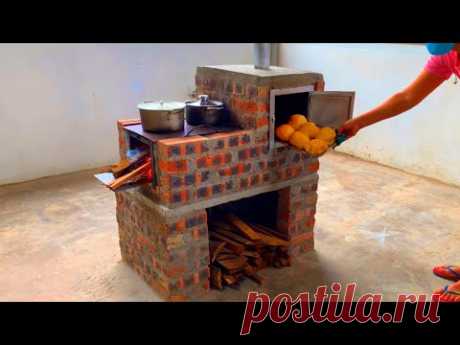 Постройте многоцелевую дровяную печь с противнем из цемента и кирпича.