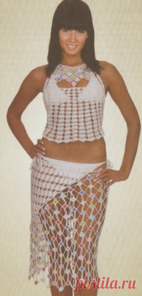 Женская пляжная юбка крючком Женский комплект &quot;Мозаика&quot;: пляжная юбка и топ, вязаные крючком.