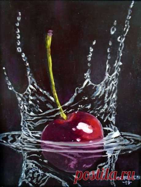 Original Art Oil/Acrylic Painting, measuring: 34W x 30H x 1D cm, by: Esperanza Ruiz-olmo (Spain). Styles: Realism. Subject: Food. Keywords: Cherry, Simple, Explosion, Expressive, Glass, Droplets…