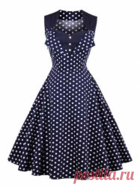 Vintage Polka Dot Button Swing Dress - PURPLISH BLUE