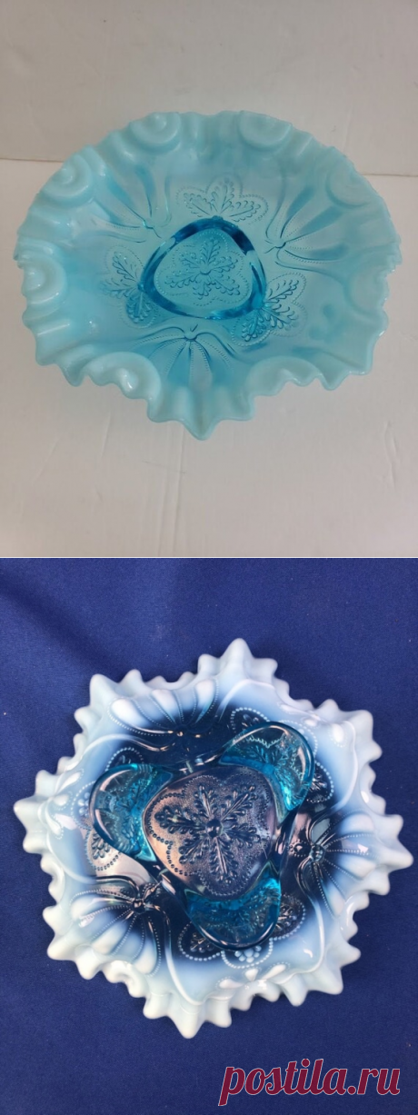 Vintage Jefferson Ruffled Blue Opalescent Glass Footed Bowl | Etsy