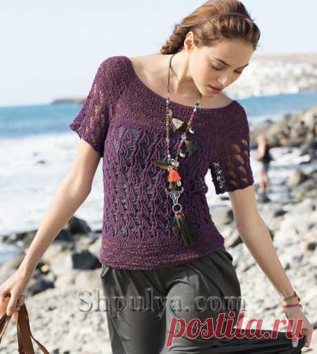 Двухцветный ажурный пуловер спицами - SHPULYA.com