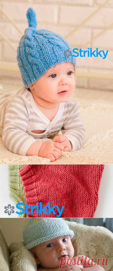 Милая шапочка для малыша с косами вязаная спицами | Strikky.ru