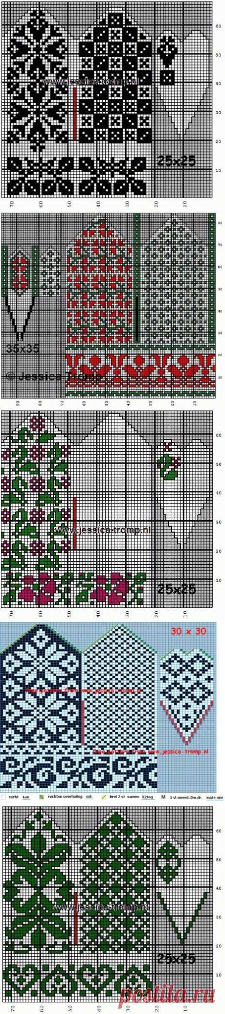 Жаккардовые варежки спицами . Схемы.