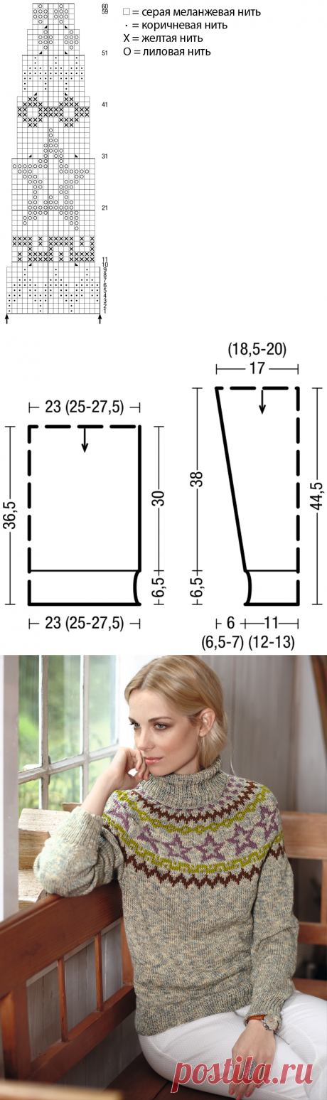 Свитер с круглой жаккардовой кокеткой - схема вязания спицами. Вяжем Свитеры на Verena.ru