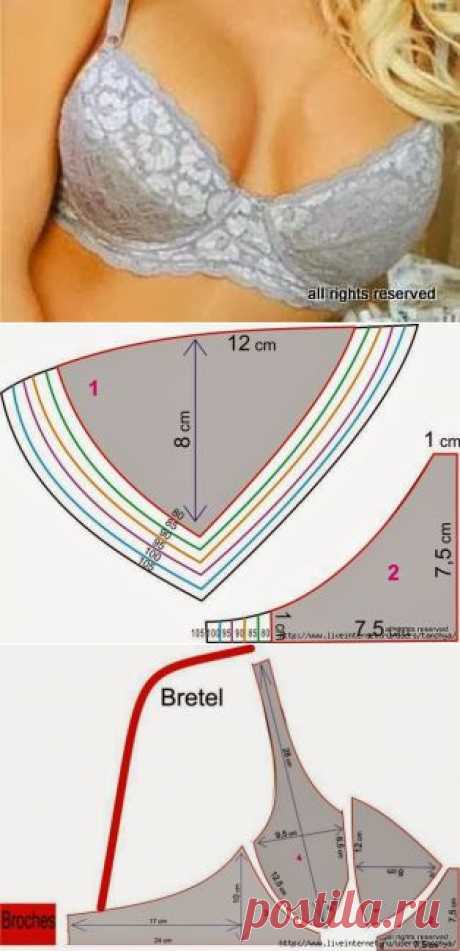 Выкройка бюстгальтера в различных размерах.