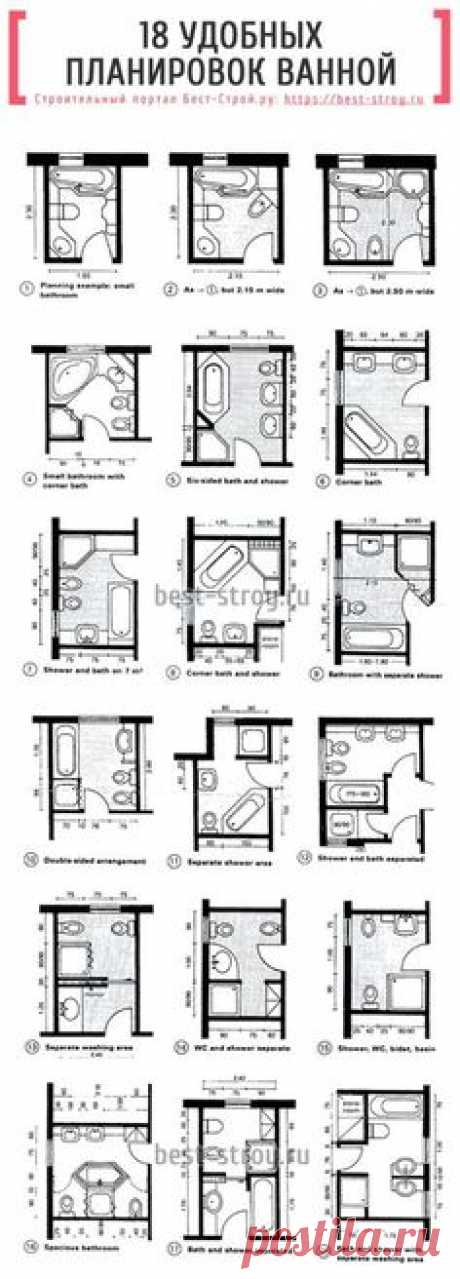 18 шикарных проверенных удобных планировок ванной комнаты - как расположить раковину, ванну, биде, стиральную машинку чтобы было комфортно и функционально. Планировка ванной комнаты. Зонирование ванной комнаты.