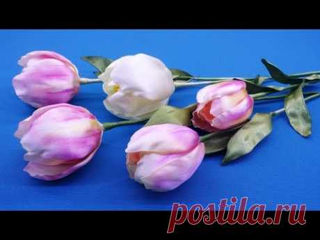 Tulips from ribbons.DIY/Tulipanes hechos de cintas/Тюльпаны из лент. МК