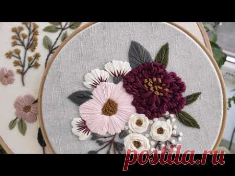 Pink and Burgundy peonies. Hand embroidery for beginners