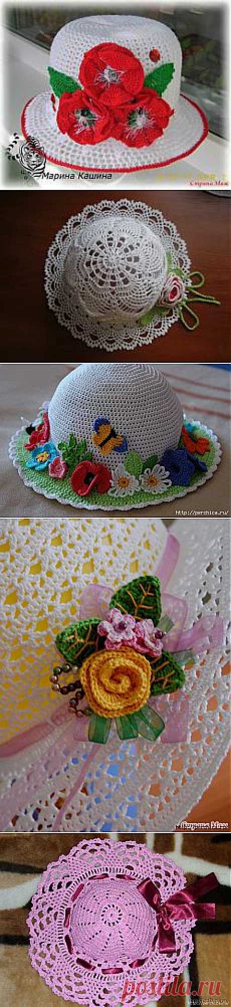 Летние шляпки связанные крючком с цветами - много схем,идей и мк.
