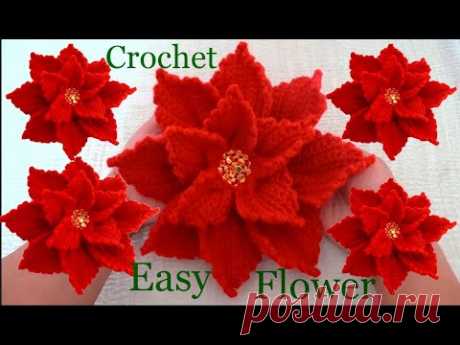 Como hacer flores Nochebuena con una sola tira tejida a Crochet