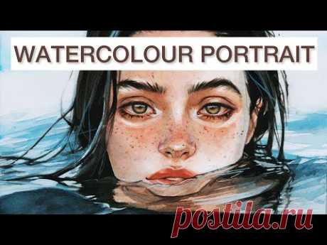 Акварельный портрет девушки в воде. Рисуем акварелью море.