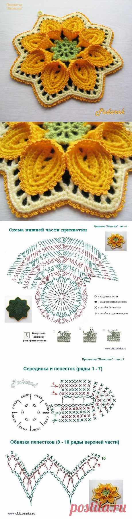 Прихватка вязаная крючком в форме яркого цветка - схема.