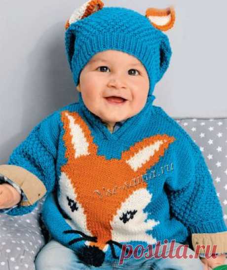 Бирюзовый пуловер с мотивом &quot;лиса&quot; и шапочка - Пуловеры, джемпера для малышей спицами
