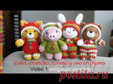 Oso, gato, chancho y conejo bebés en pijamas (crochet-amigurumi) Parte 1